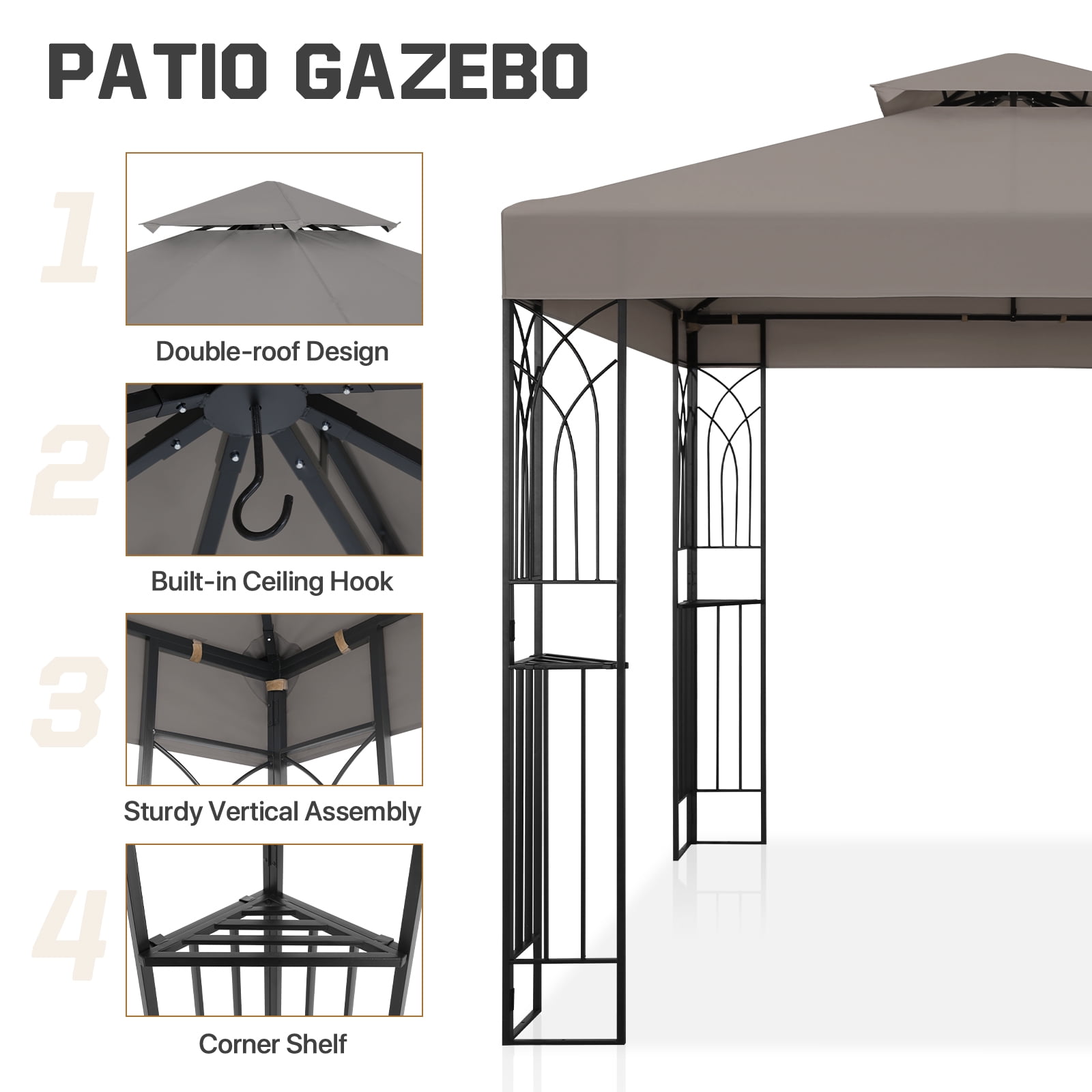 COOS BAY 8x8 Outdoor Patio Gazebo with Corner Shelves, Two-Tier Soft Top Canopy for Backyard, Lawn, Deck and Garden, Gray