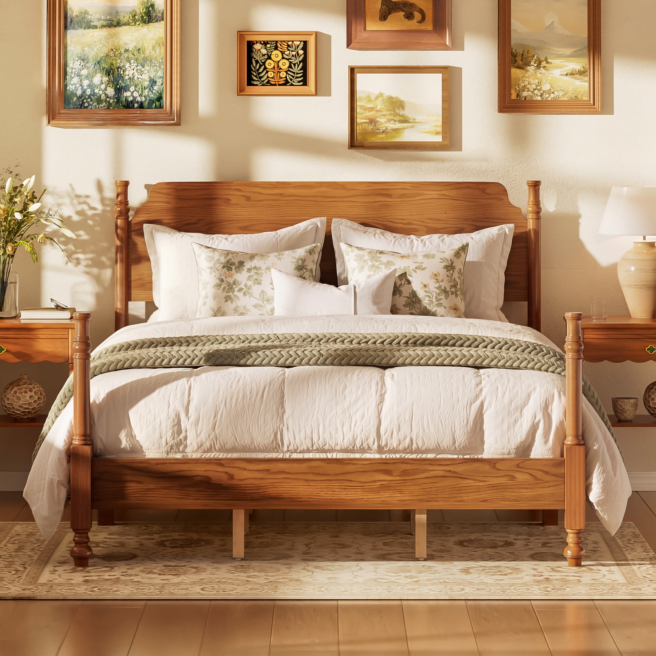 Noble House Queen Spindle Platform Bed with Headboard, Traditional Wood Bed Frame, Light Walnut