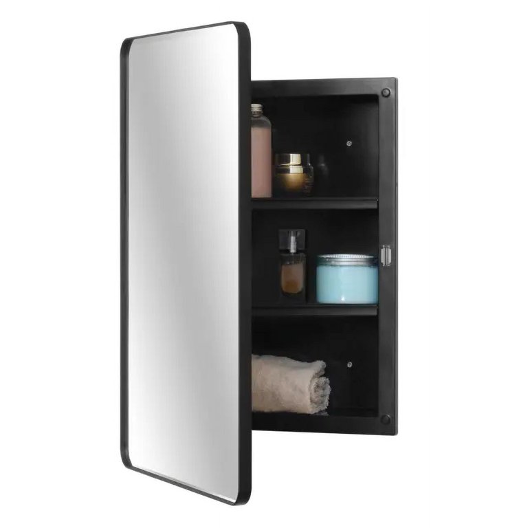 Fundin Plastic Medicine Cabinet Beveled Edge Mirror Door with Round Corner Metal Frame Recessed and Surface Mount Black16 x 24 inch