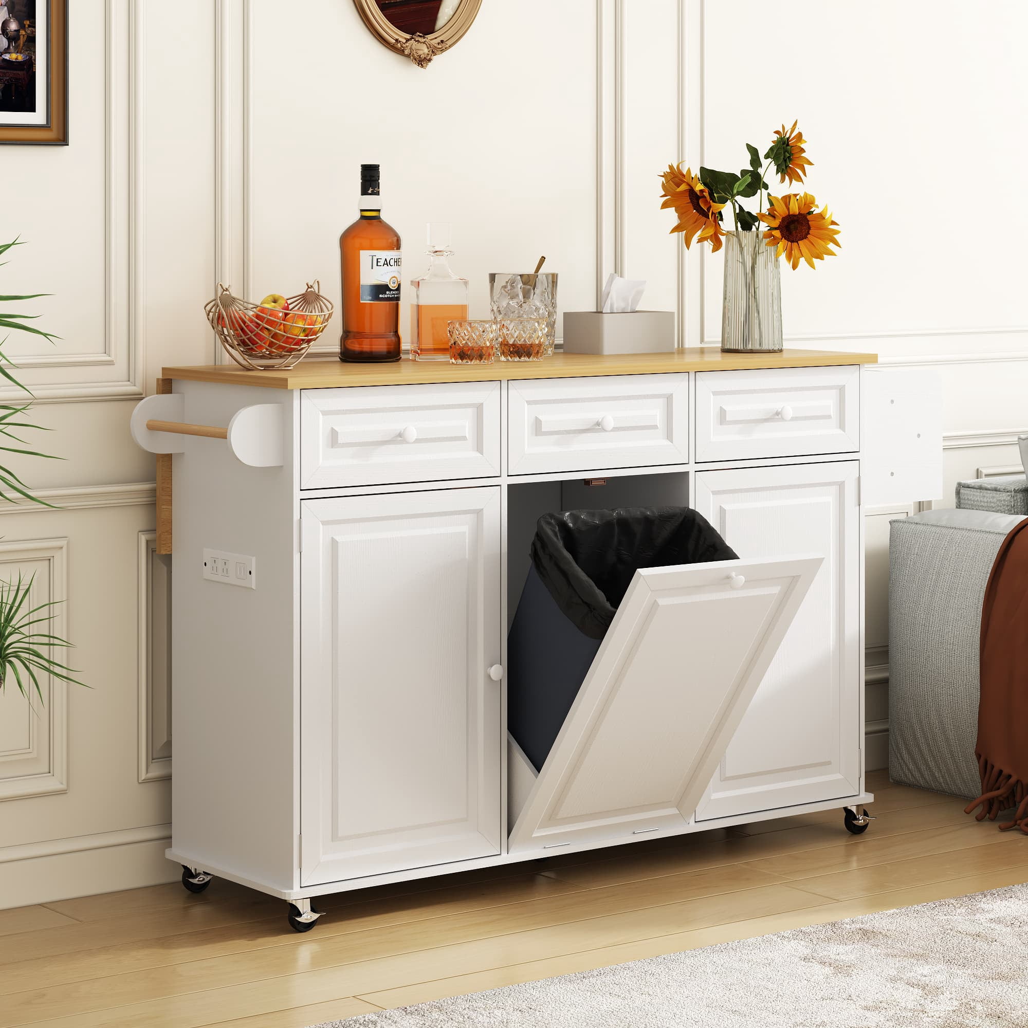 ANPOO Rolling Large Kitchen Island Cart with Sliding Drop Leaf, Trash Can Storage & Power Outlet, 7 Spice Racks, 63" White