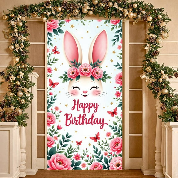 Bunny Head Design Banner Pink Floral Style Floral Birthday Backdrop Peony Flower Pattern Red Butterfly Decor Birthday Rabbit Background for Kids Birthday Girls Celebration Photo Backdrop