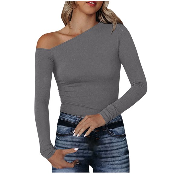 Luxalzxs Women's Sexy Asymmetric Neck Long Sleeve Tops Solid Color Slim Fitting Bottom Shirt