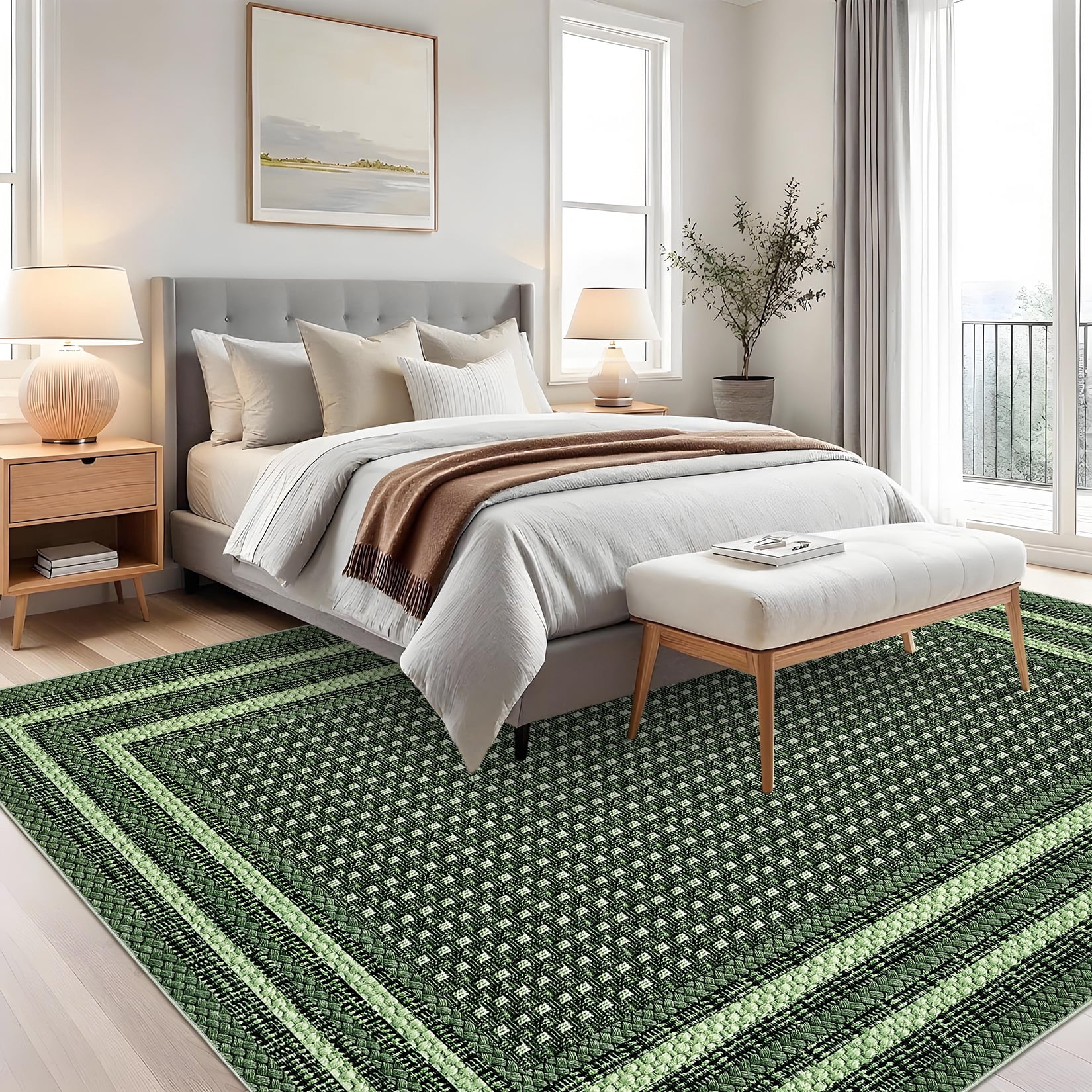 Garvee 9'x12' Bordered Print Area Rug Washable Rugs, Non Slip Modern Geometric Rug Stain Resistant Indoor Carpet for Living Room Bedroom Dining Room, Green