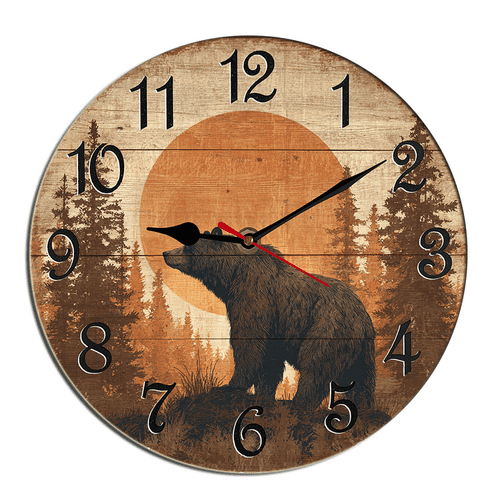 Kurmntregon Cabin Bear Wall Clock Black Bear Wildlife Forest Mountain Lodge Wooden Silent Non Ticking Decorative Clock For Living Room, Kitchen, Home,Bathroom, Bedroom, Office Or School Round 10"