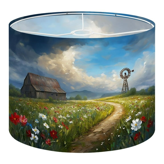 Linen Drum Lampshades Rustic Farmhouse Wooden Country Meadow Landscape Blue Sky Wild Flowers 13"x13"x10" Light Shade for Table Lamps Floor Lamps Lampshade Replacement Assembly Required