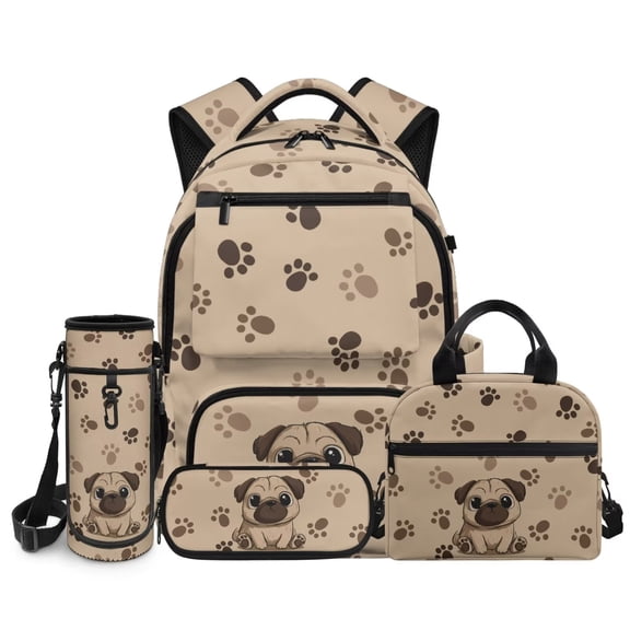 Chririnla Pug School Bag Set for Boys 4 Piece Kids Backpack with Lunch Box Pencil Case Water Bottle Sleeve Large Capacity Teens Bookbag for Elementary Middle School Students Book Bags