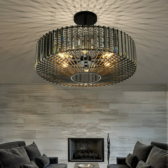 W24 in Unique Modern Crystal Close to Ceiling Light in Matte Black Dimmable 6-Light Luxury Flush Mount Ceiling Light with Clear Crystal For Dining Room Living Room Entryway