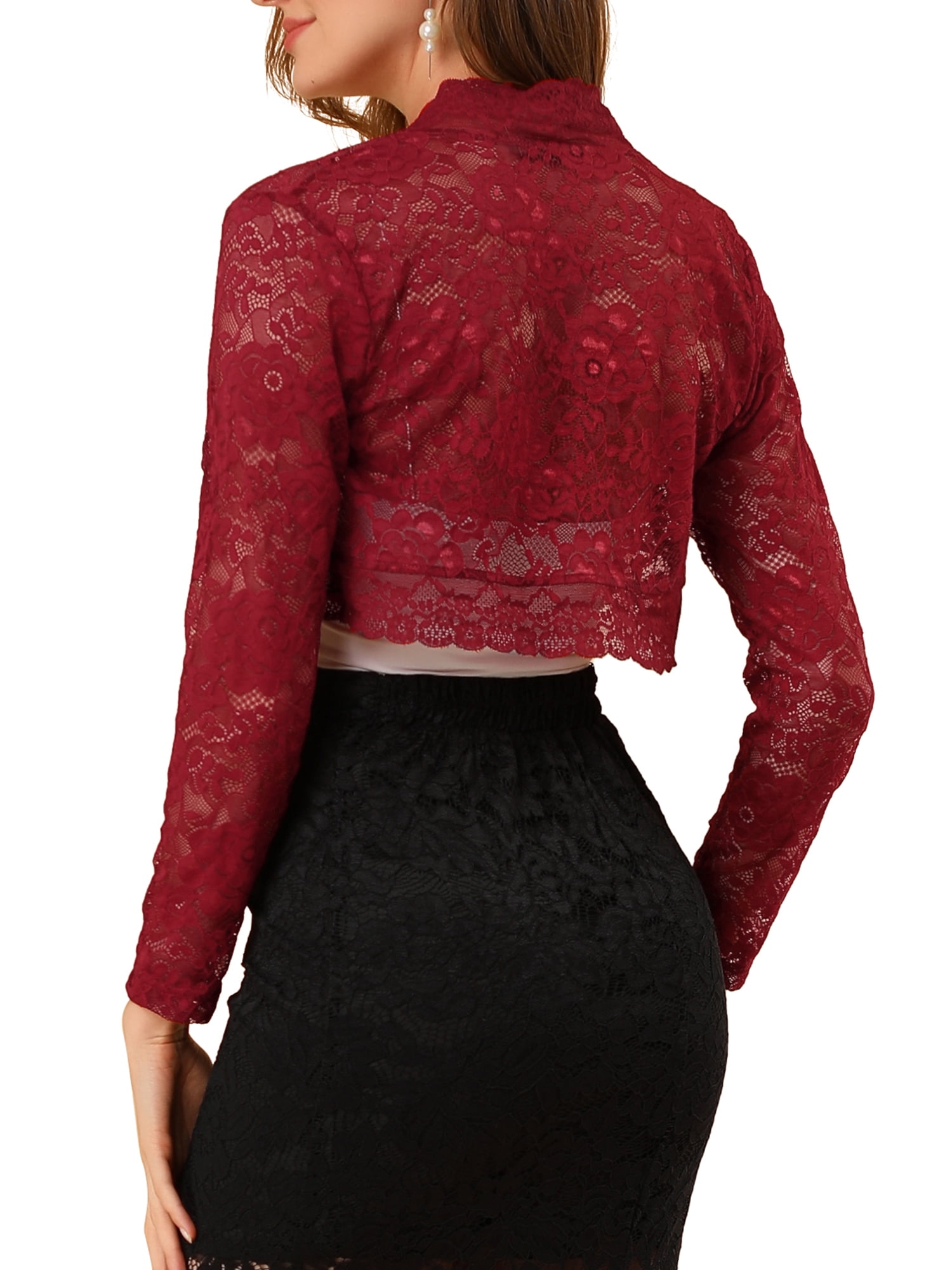 DARING DIVA Women's Lace Bolero Shrugs Sheer Crop Cardigan M Dark Red
