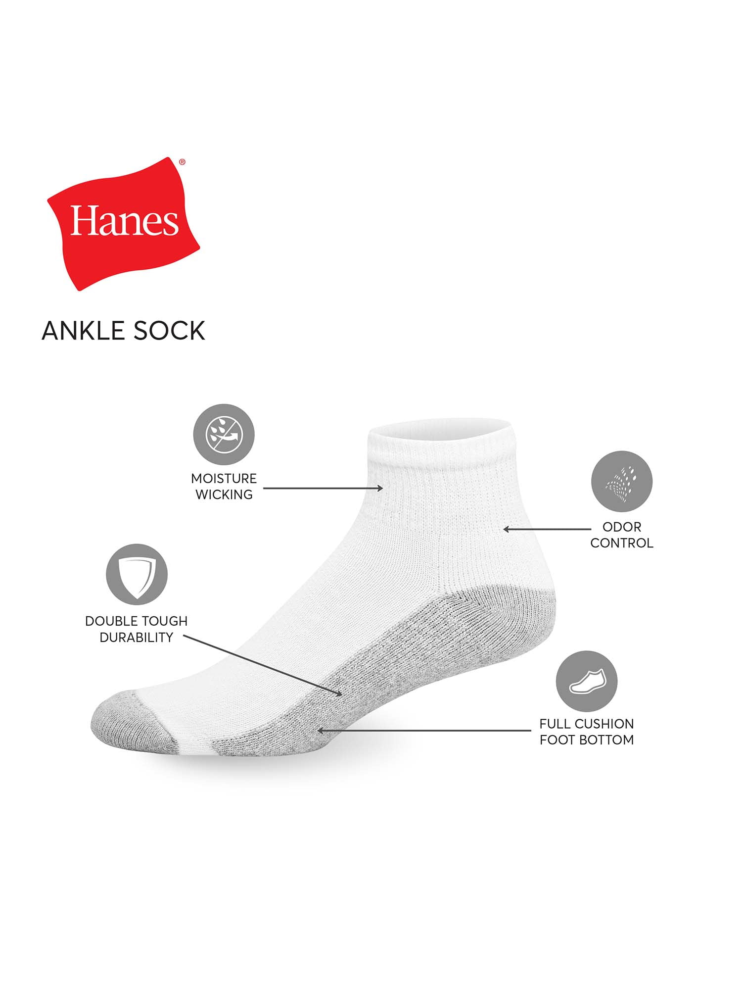 Hanes Men's Double Tough Durability Ankle Socks, 12-Pack, Size 6-12