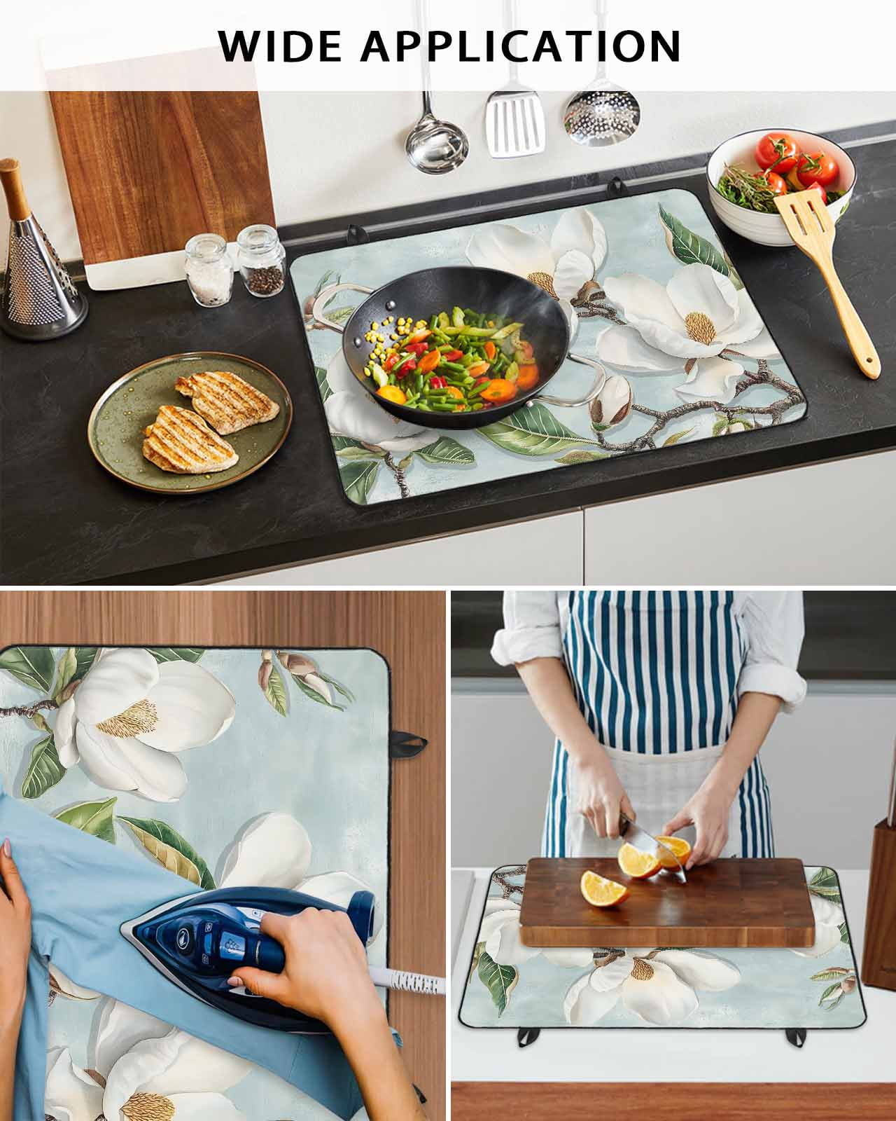 nqOlkjepod Large Induction Cooktop Protector Mat 24"x21", Botanical Flowers Stove Top Covers for Electric Stove, Country Magnolia Leaves Branches Stove Burner Cover Mats, Glass Top Stove Cover