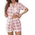 thumbnail image 1 of ZAXARRA Femmes Pyjama Lounge Set Plaid Tour-vers le Bas Col Chemises Manches Courtes Tops et Shorts 2 Pièces Loungewear Tenues, 1 of 7