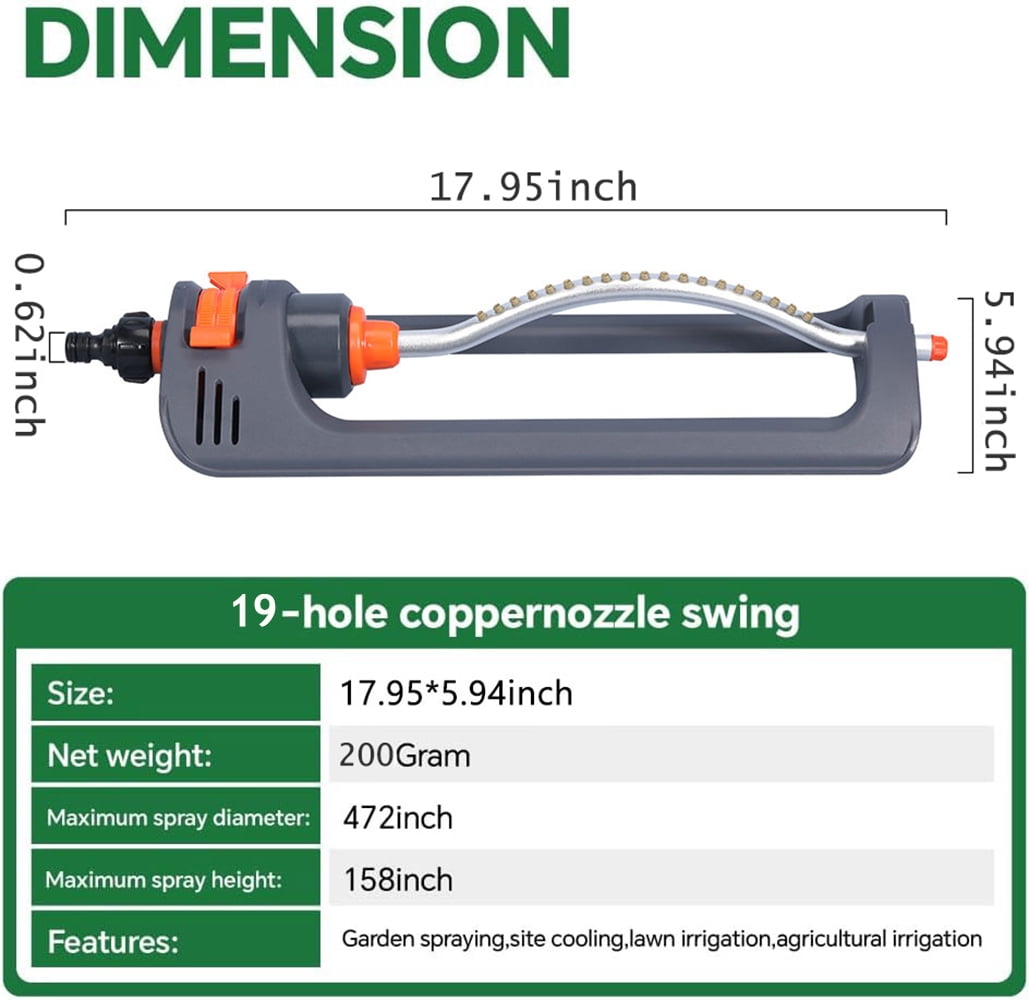 Emlimny Oscillating Sprinkler with 19-Hole Brass Nozzle 4-Way Adjustable Spray Oscillating Sprinkler, Garden Tool for Lawns up to 4,000 sq.ft,Heavy Weight Base, Built-in Spray Jet Cleaning Needle