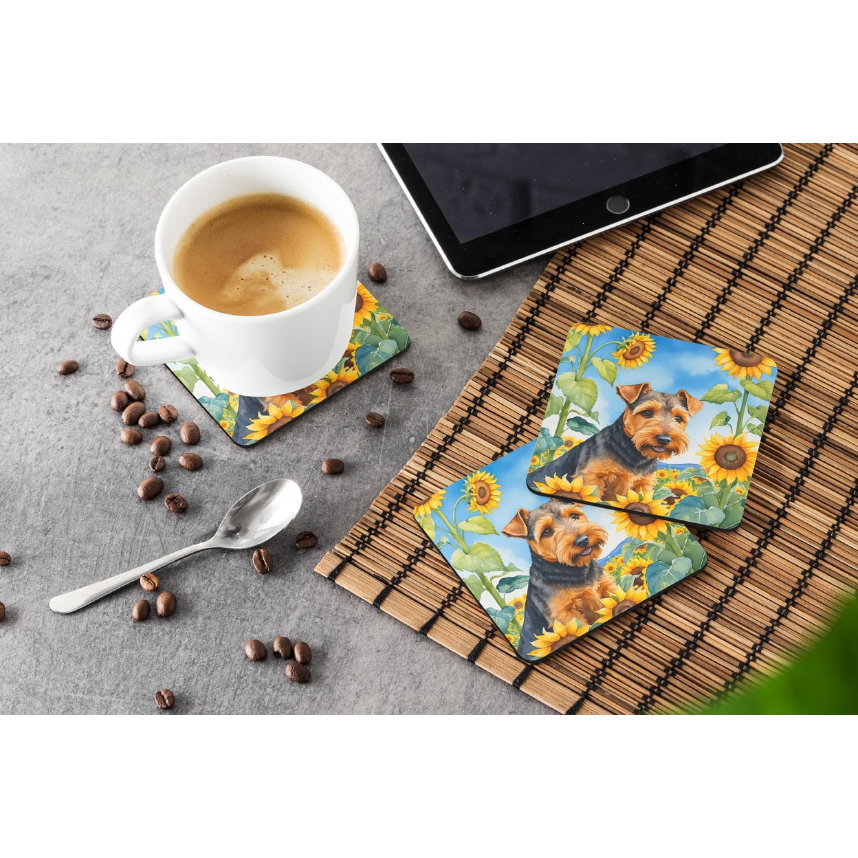Welsh Terrier in Sunflowers Foam Coasters 3.5 in x 3.5 in