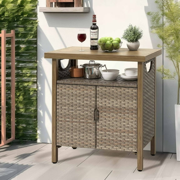 DEXS Outdoor Storage Cabinet, Patio Bar Table, Wicker Storage Bar Cart for Outdoor Pool Tool and Garden Potting,Brown