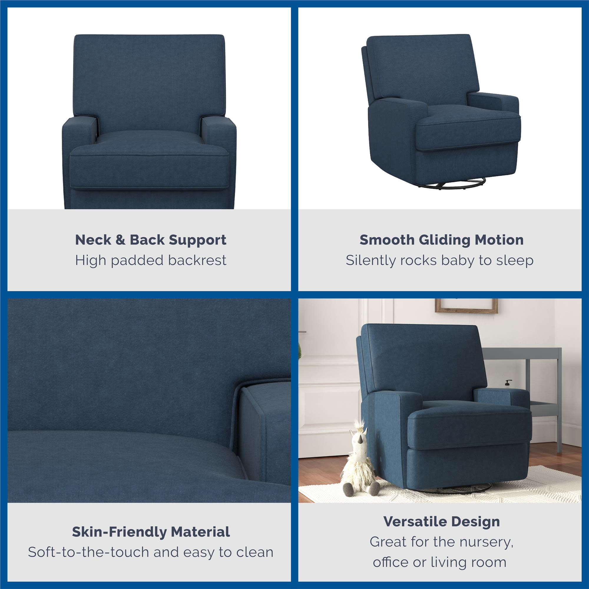 Baby Relax Rylan 4-in-1 Swivel Glider Rocker Recliner Chair, Navy