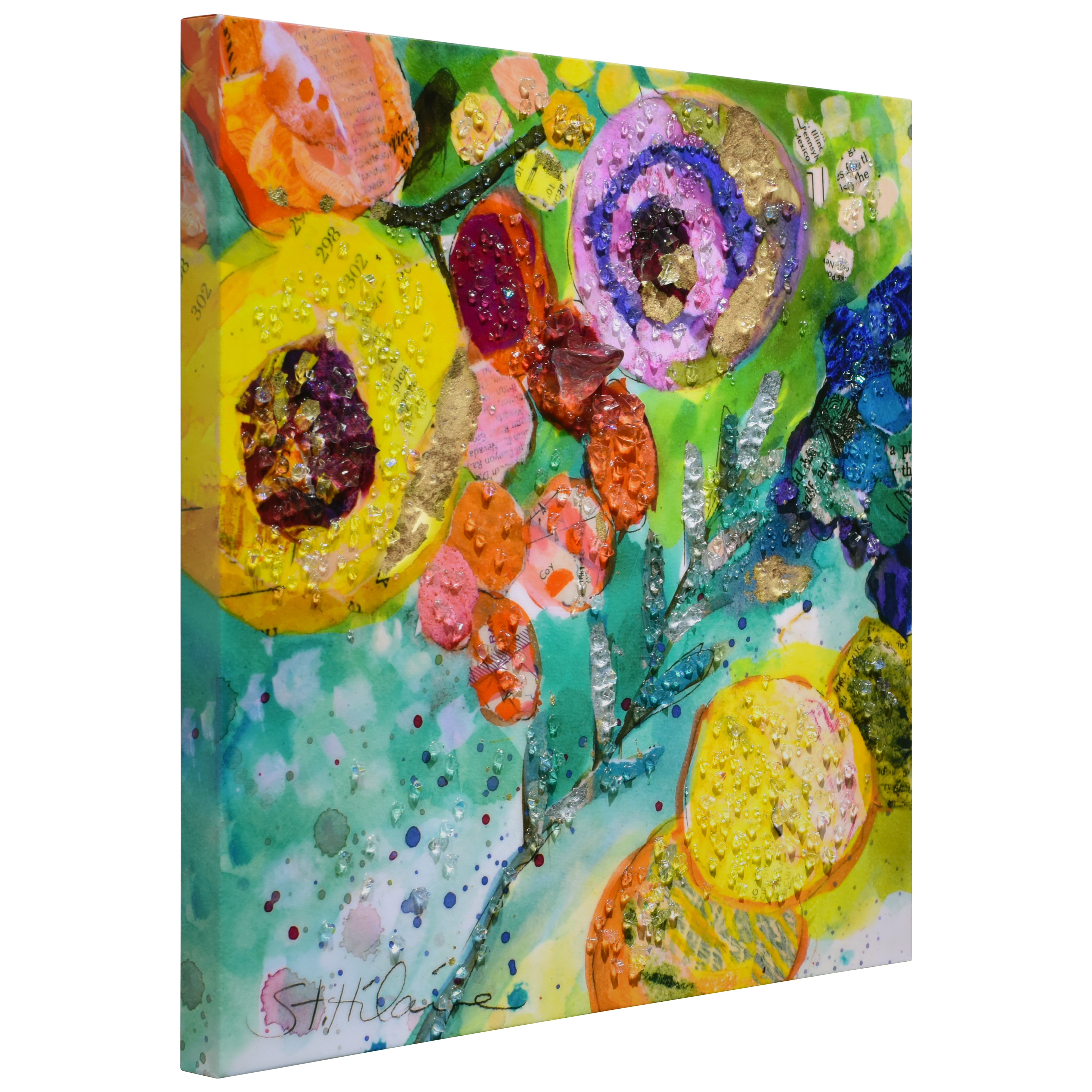 "Floral Radiance II" Crystallus Epoxy Coated Wrapped Glossy Canvas Wall Art with Heavy Acrylic Crystal Shards Embellishments