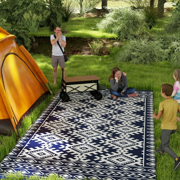Outsunny Outdoor Patio Rug, Large Camping Carpet with Carrying Bag, 9' x 18' Waterproof Plastic Straw, Reversible, Blue & White Rhombus Border