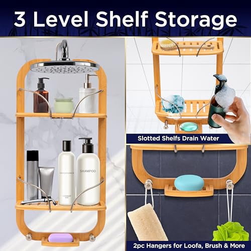 SereneLife Bamboo Hanging Shower Caddy with 3 Tiers, Anti-Slip Design, Bathroom Storage Organizer for Shampoo, Soaps, and Essentials - Space-Saving and Easy to Clean