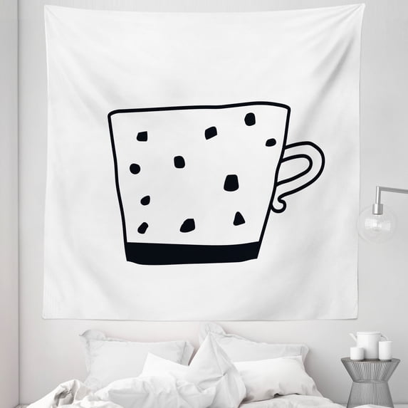 Hot Chocolate Tapestry, Hand Sketched Simple Minimal Mug Motif Tea Coffee Espresso Drinking Theme, Fabric Wall Hanging Decor for Bedroom Living Room Dorm, 5 Sizes, White Black, by Ambesonne