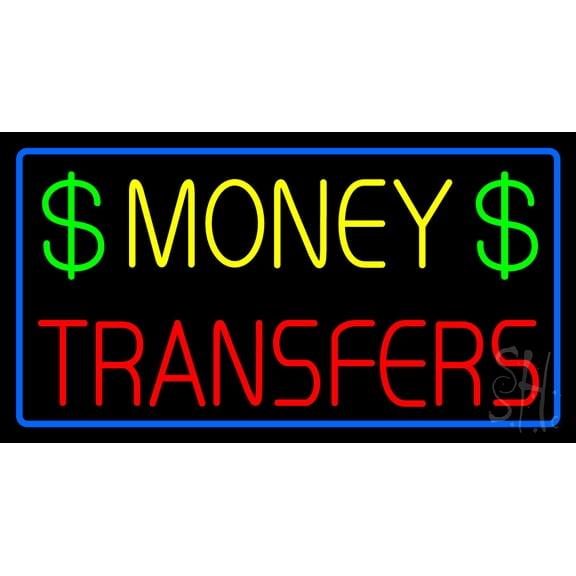 Money Transfers Dollar Logo Blue Border LED Neon Sign 20 x 37 - inches, Black Square Cut Acrylic Backing, with Dimmer - Bright and Premium built indoor LED Neon Sign for Defence Force.