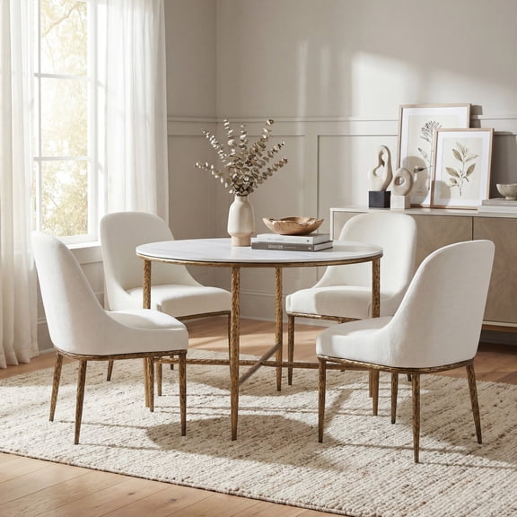 Christopher Knight Home Round Dining Set for 4, Stone Top Table with Armless Chairs, Metal Legs, Forged Brass