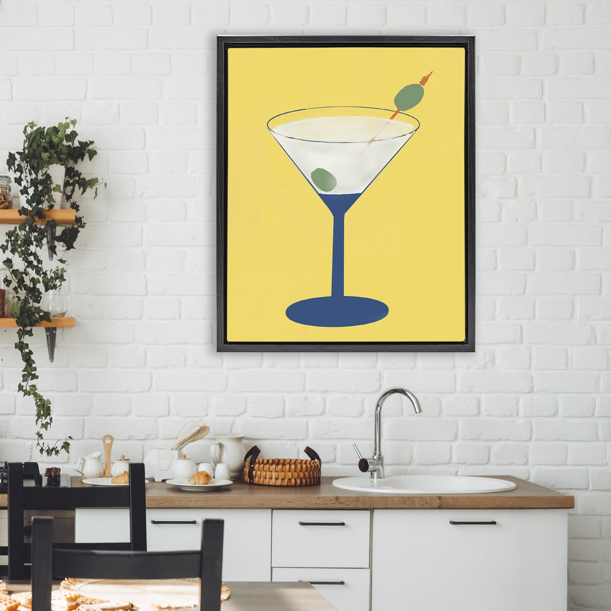 Stupell Industries Martini Glass over Yellow Black Framed Floater Canvas Wall Art, design by Robin Maria