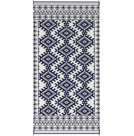 9' x 18' Blue & White Rhombus Border Reversible Outdoor Rug, Waterproof Patio Camping Mat with Carry Bag, Foldable Portable RV Carpet