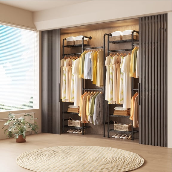 Space-Saving Wall Mounted Closet Organizer System – Carbon Steel Expandable Clothes Rack with Adjustable Rods & 3 Wire Shelves – Matte Black