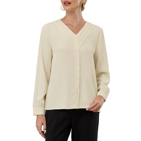 INSPIRE CHIC Women's Button Down Blouse Pleated V Neck Long Sleeve Business Casual Shirt Top S Beige