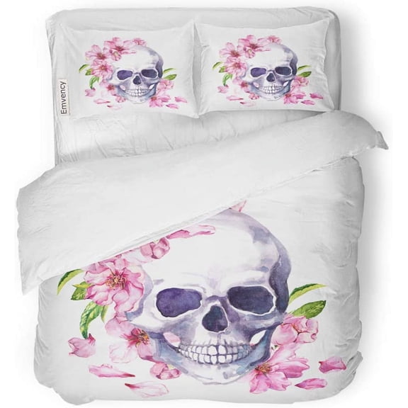 FMSHPON 3 Piece Bedding Set Human Skull in Pink Cherry Blossom Spring Flowers of Sakura Floral Petals Twin Size Duvet Cover with 2 Pillowcase for Home Bedding Room Decoration