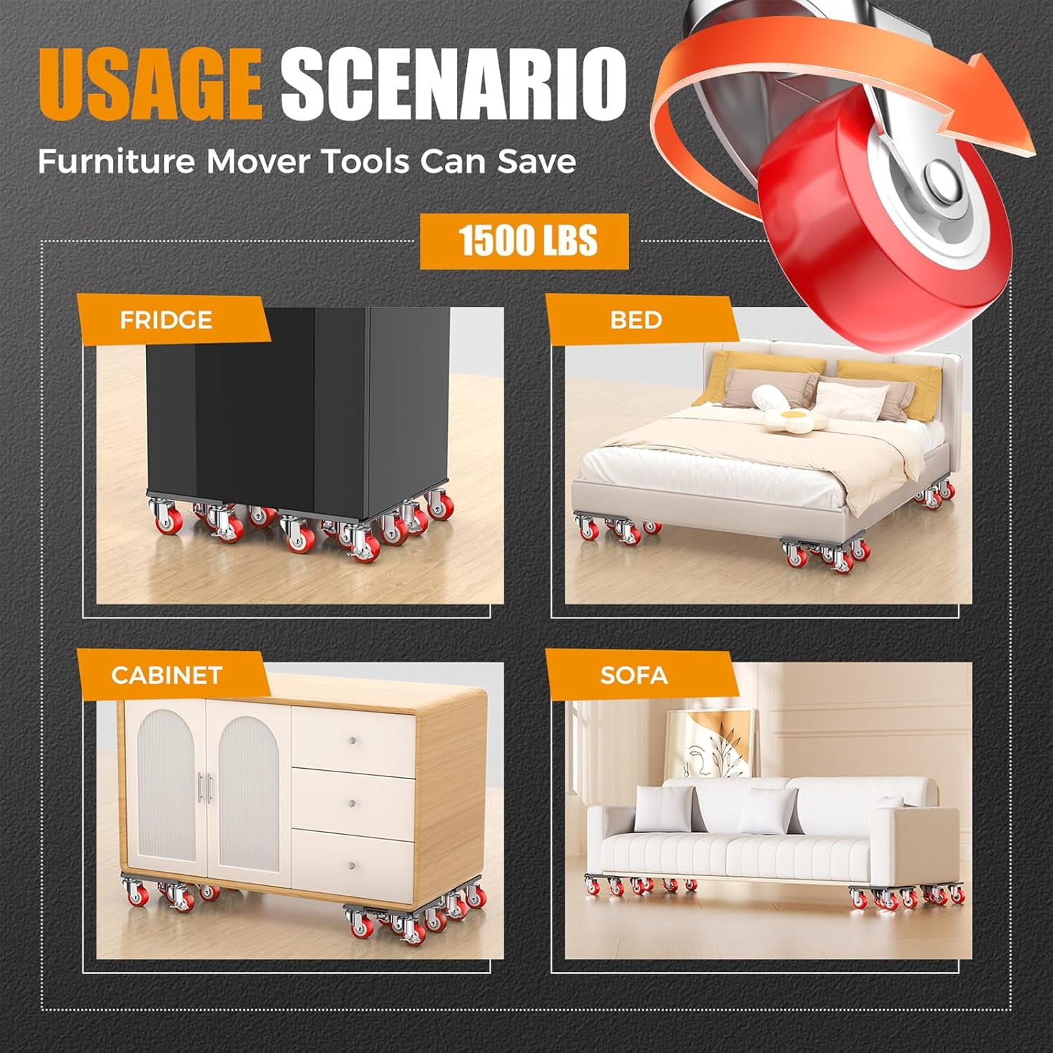 Heavy Duty 1500LBS Furniture Dolly & Movers with 5X 360° Wheels - Carbon Steel Panel & Non-Slip Casters, Includes Lifter Jacks, Gliders for Sofa, Refrigerator (5.4 Inch, Silvery)