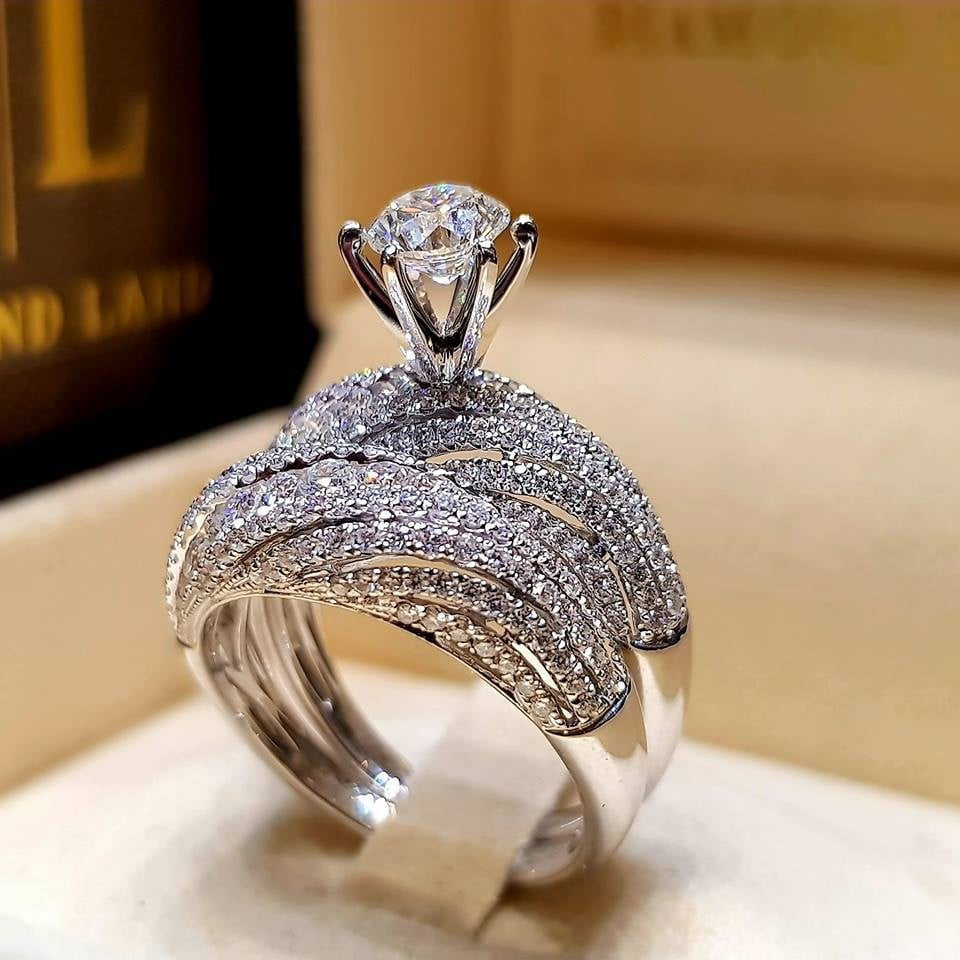3UMeter 925 Sterling Silver Bridal Sets CZ Wedding Rings Shining Engagement Ring Set for Women Size 5-12