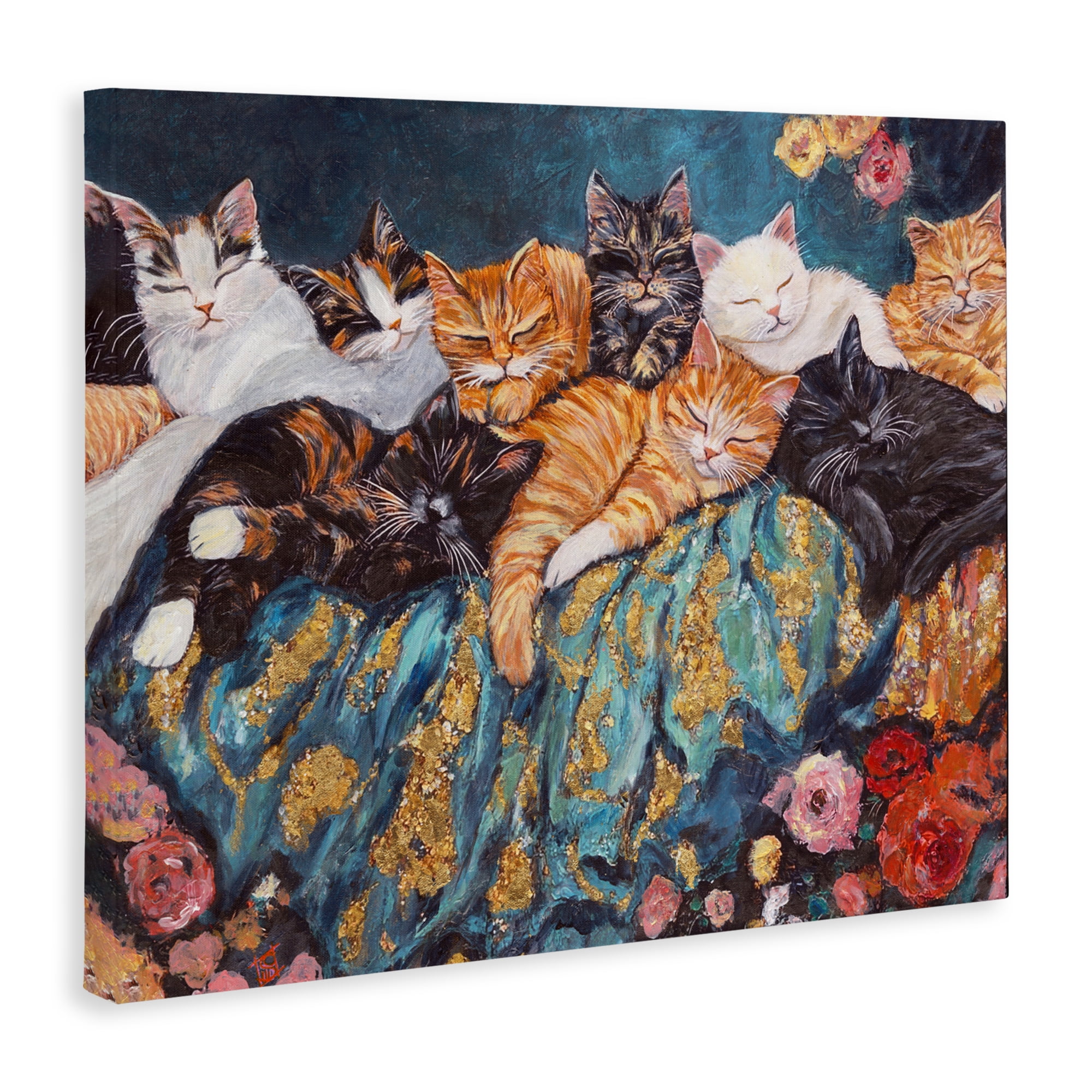 Sleepy Kitty Crowd with Flowers Canvas Wall Art, design by Sara Culpepper