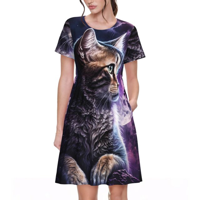 Balery Purple Moon Cat Vestidos sueltos de manga corta para mujer, vestidos de verano 2025, vestidos casuales de corte A con vuelo.