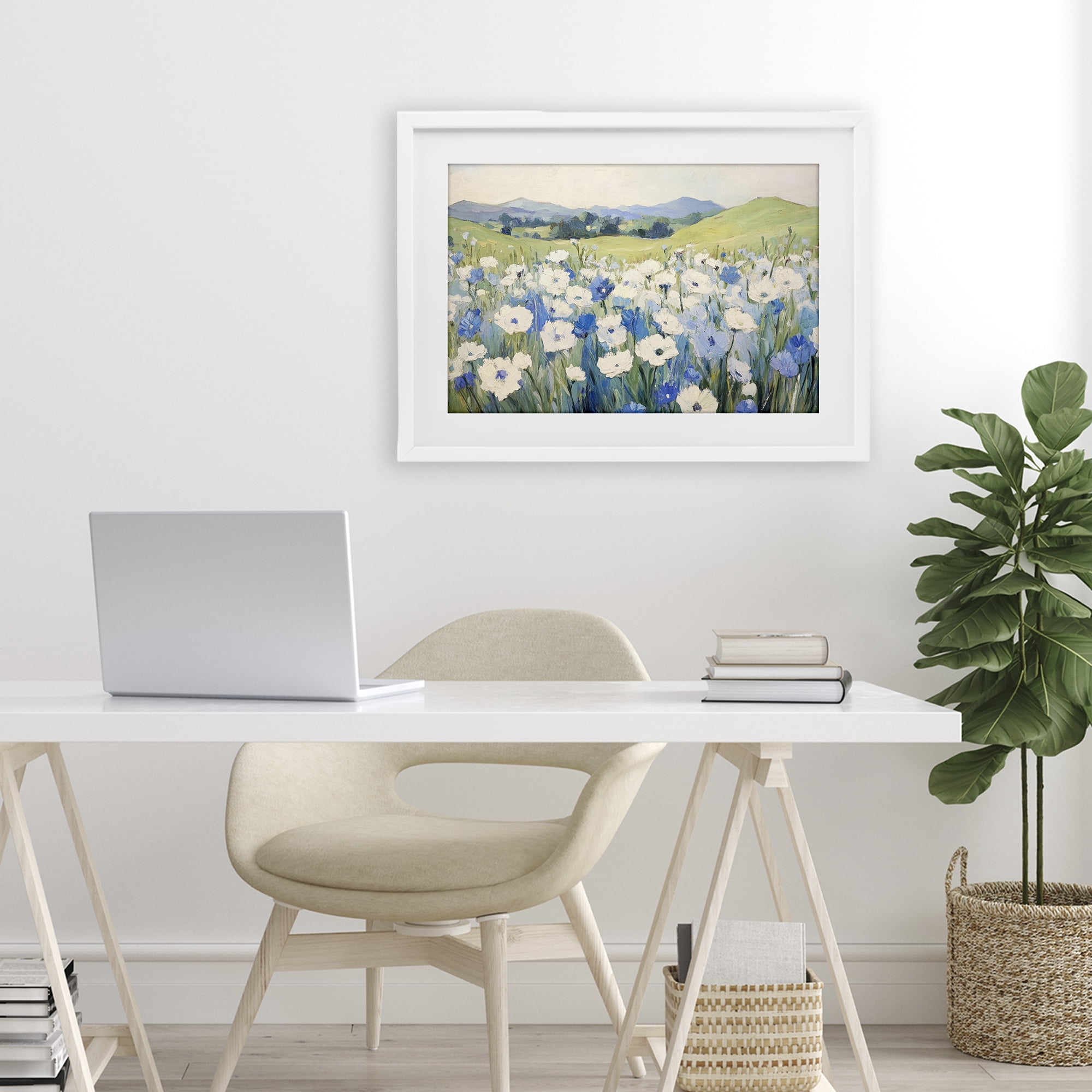 Stupell Industries Blue & White Daisies White Framed Print Under Glass, design by Petal Prints Design