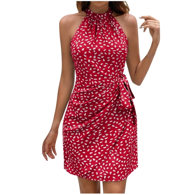 Robes pour Femmes, Mode d'Été pour Femmes Robe Plissée Imprimée Sans Manches à Col Suspendu avec Fermeture Éclair