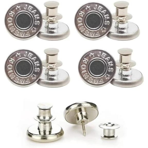 RotHome Men's Women's Jean Button Pins Replacement Kit, No-Sew Pant Waist Tightener Clip, Adjustable Metal Button Fastener for Loose Jeans, Simple Installation Reusable Button Pins, 4 Pcs