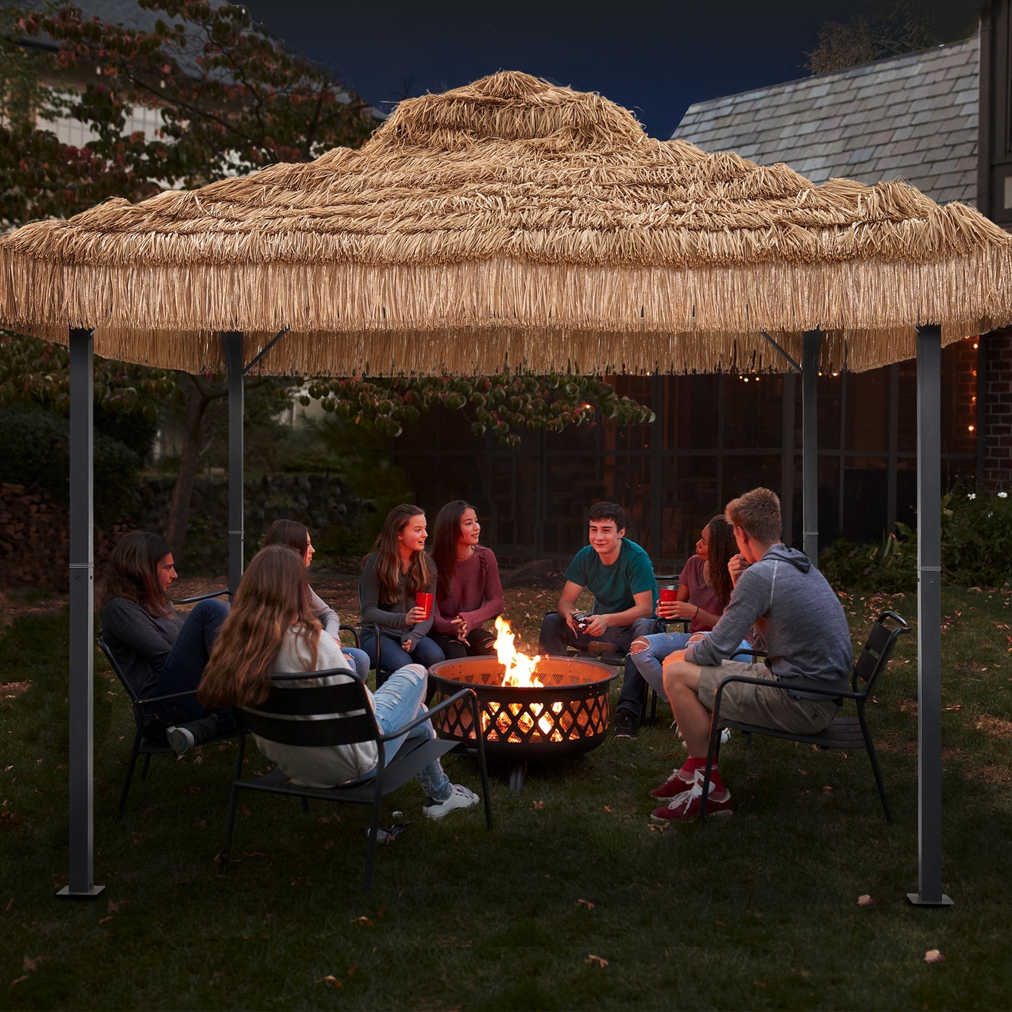 Ainfox 10x10 Thatched Tiki Pavilion Gazebo, Patio Gazebo with Straw Thatch Roofing, Hawaiian Style Steel Frame