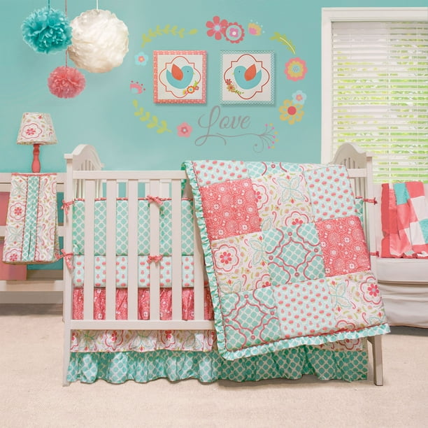 The Peanut Shell Baby Girl Crib Bedding Set Coral and Aqua Mila 4