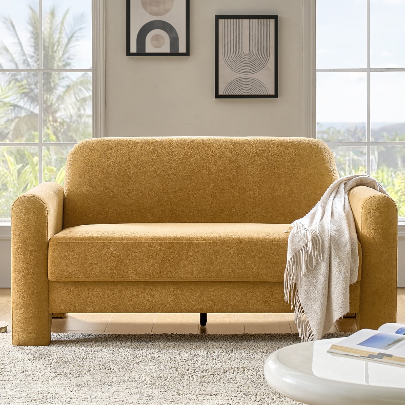 59" Modern Loveseat Sofa Chenille Fabric 2-Seater Couch with Curved Design for Small Space Living Room Camel