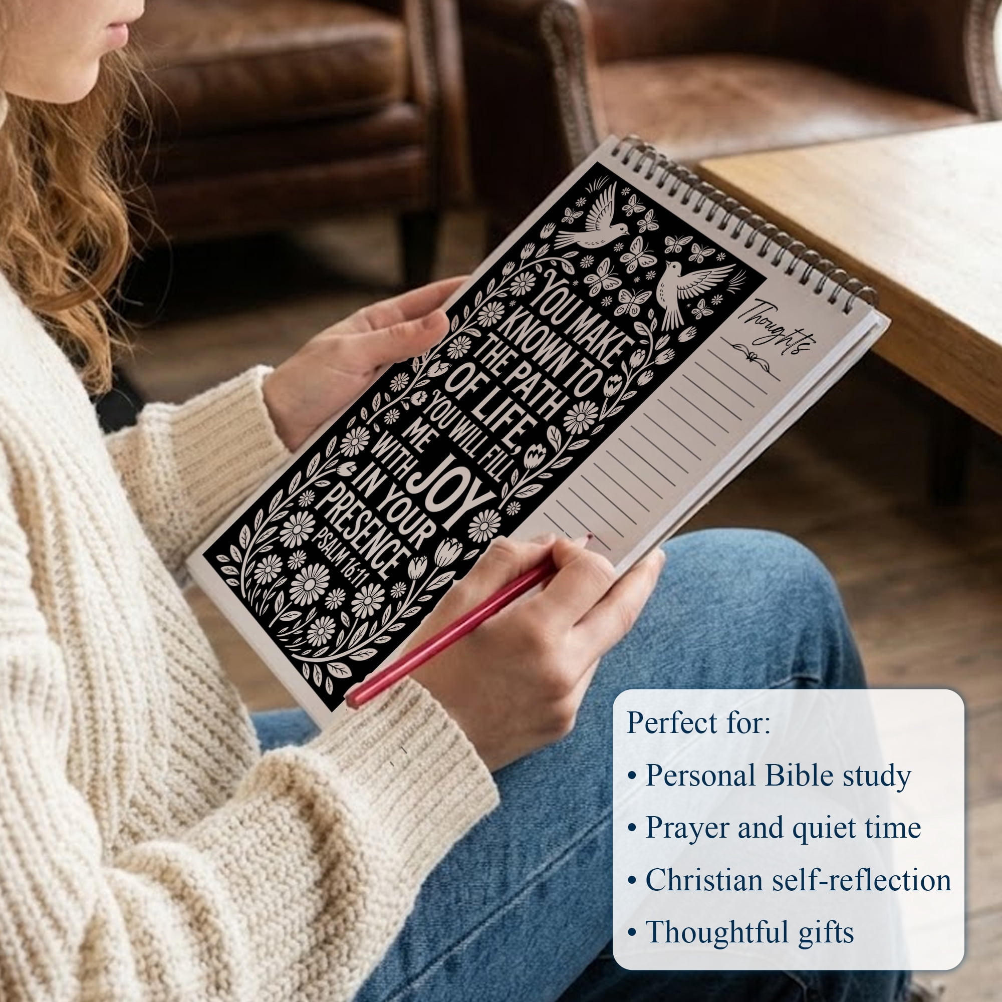 Psalms Monochrome Coloring Book for Adults, 30 Minimalist Scripture Art Pages with Reflection & Prayer Space, Spiral Bound, A4 or A5 Softcover or Wood Cover