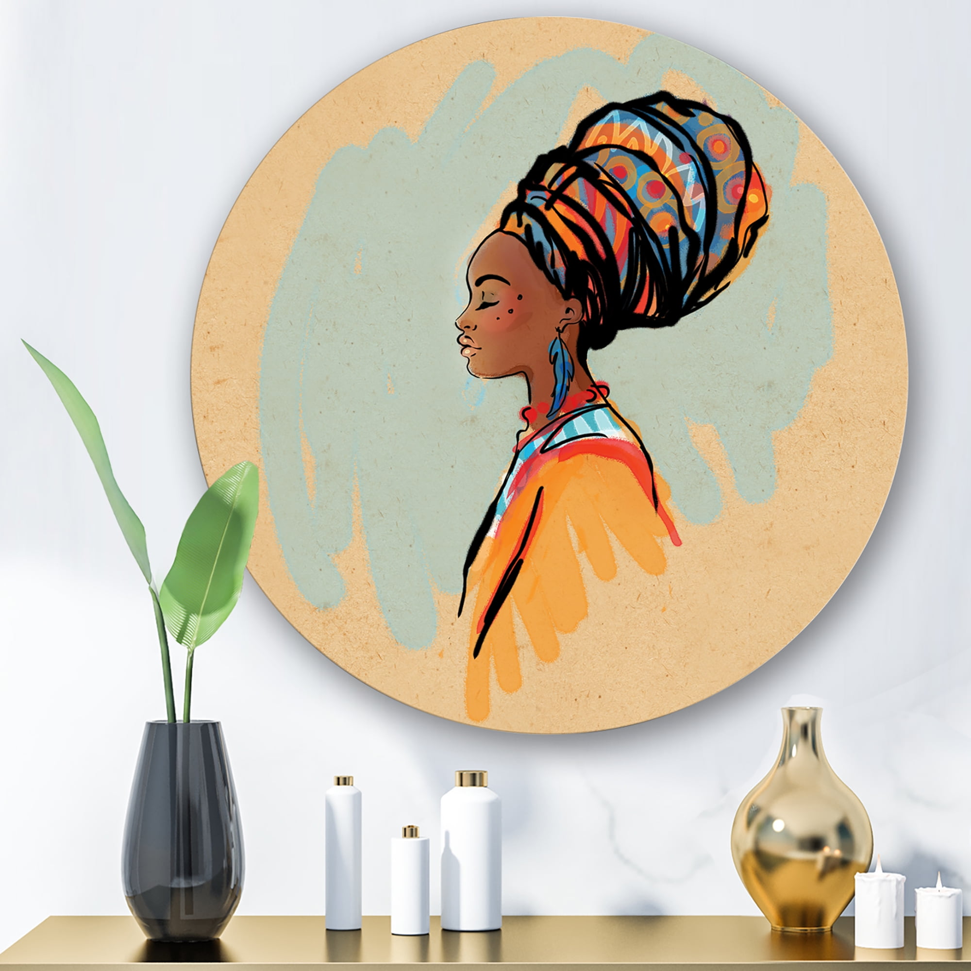 Designart 'Portrait of African American Woman With Turban II' Modern Circle Metal Wall Art 11x11 - Disc of 11