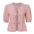 thumbnail image 1 of Spring Tops for Women Strap Front Top Leopard Print Ruffle 3/4 Length Puff Sleeve Hat Shirts for Women Pink M, 1 of 4