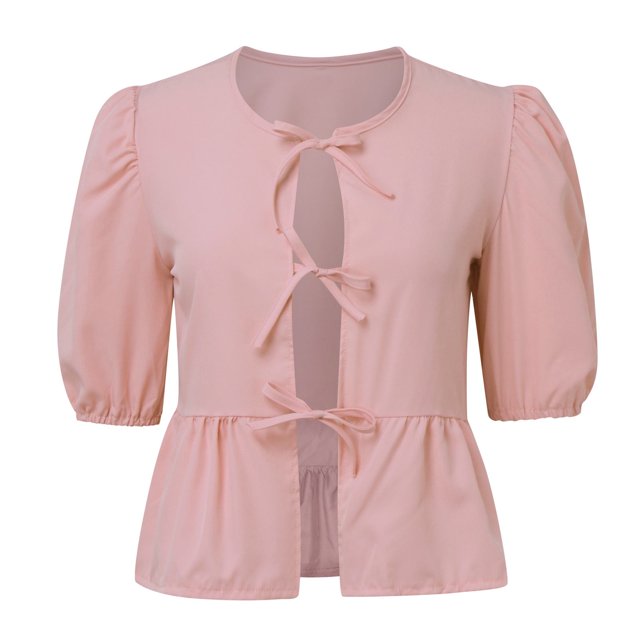 Spring Tops for Women Strap Front Top Leopard Print Ruffle 3/4 Length Puff Sleeve Hat Shirts for Women Pink M
