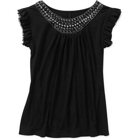 Susie Rose Juniors' Plus Ruffle Sleeve Top w/ Neck Details