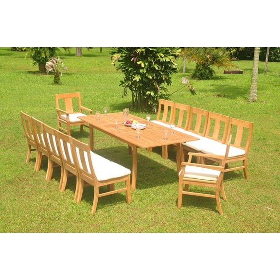 Grade-A Teak Dining Set: 12 Seater 13 Pc: 94" Double Extension Rectangle Table And 12 Osborne Chairs (2 Arm & 10 Armless Chairs) WholesaleTeak #WMDSWVm