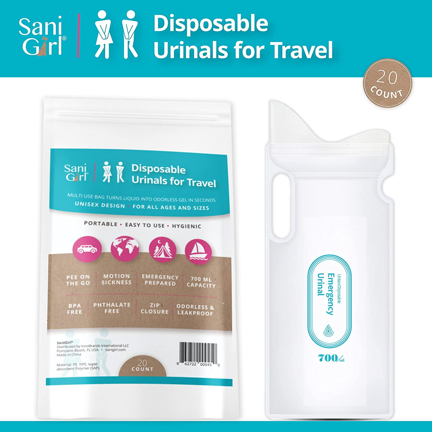 SaniGirl Disposable Urinals for Travel for Women Men Kids | Leakproof Pee Bags | Portable Urinals Camping | Road Trips Boating (Pack of 20)