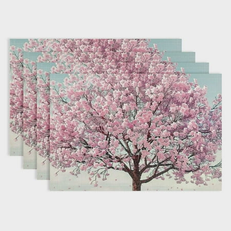 

Fenyluxe Pink Flowers Linen Placemat Set of 4 for Birthday Parties Christmas Restaurants And Buffets - High-Quality Heat Resistant Table Decoration 18x12in