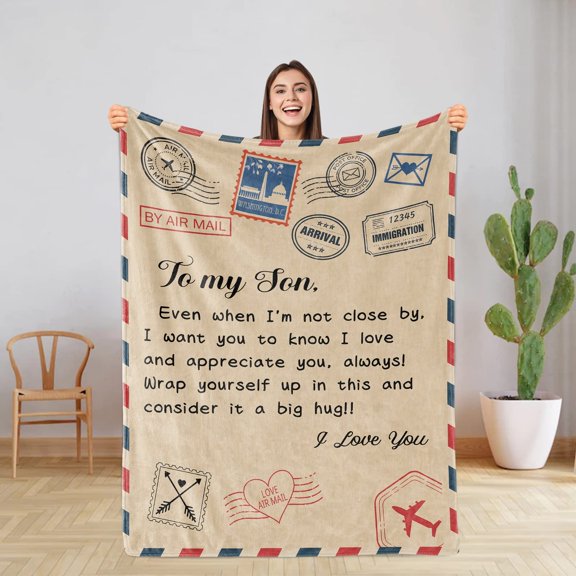 Son Blanket, Son Blankets From Mom Dad, Birthday Christmas Gifts For Son From Mom, I Love You Son Blanket Hug Presents To My Son, Son Warm Soft Bed Flannel Air Mail Letter Throw Blanket(30"x40")