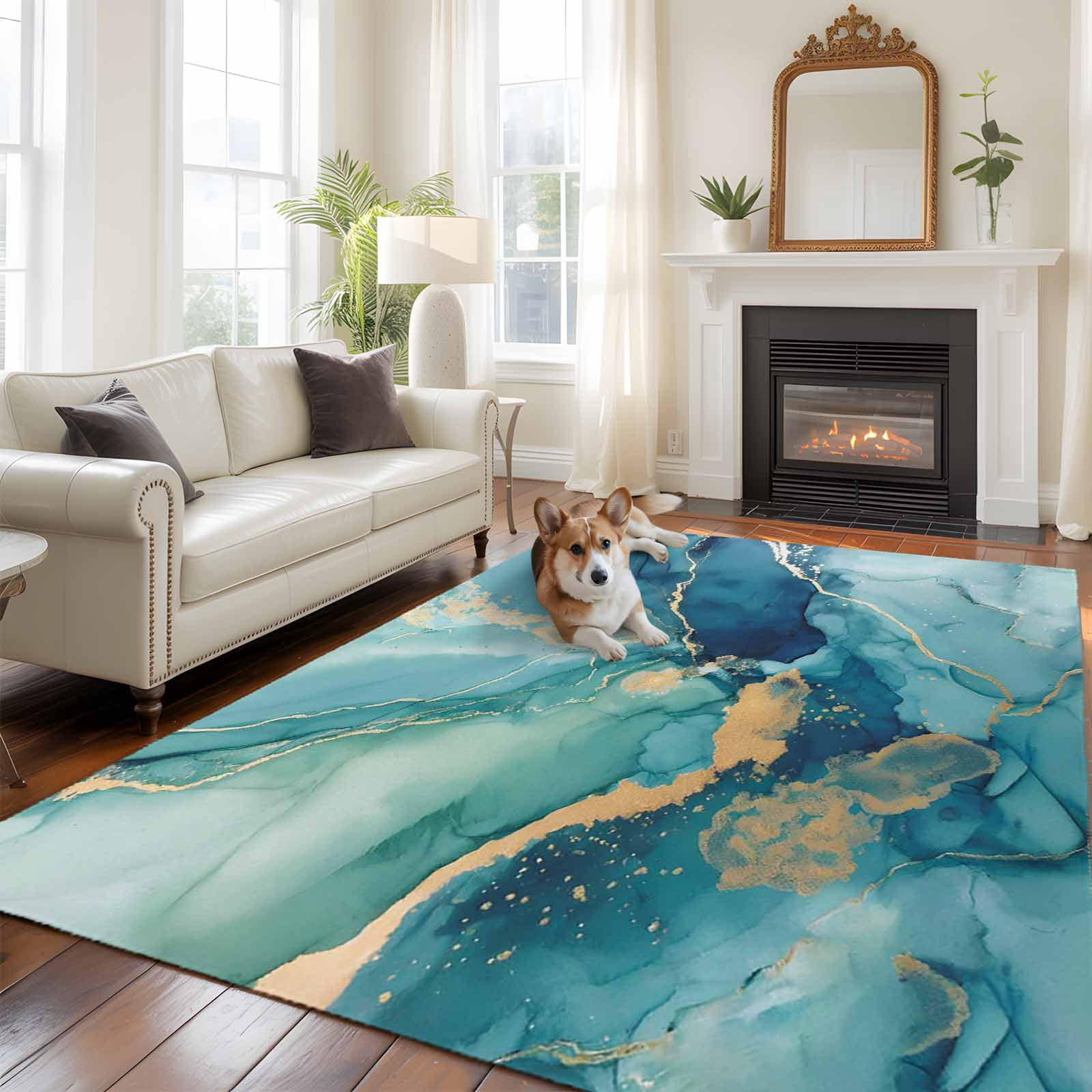 Area Rug for Living Room, Turquoise Marble Non-Slip Indoor Large Carpet for Bedroom/Dining Room, Modern Abstract Art Ombre Blue Washable Low-Profile Rectangle Floor Runner Rugs - 6 x 9 Ft